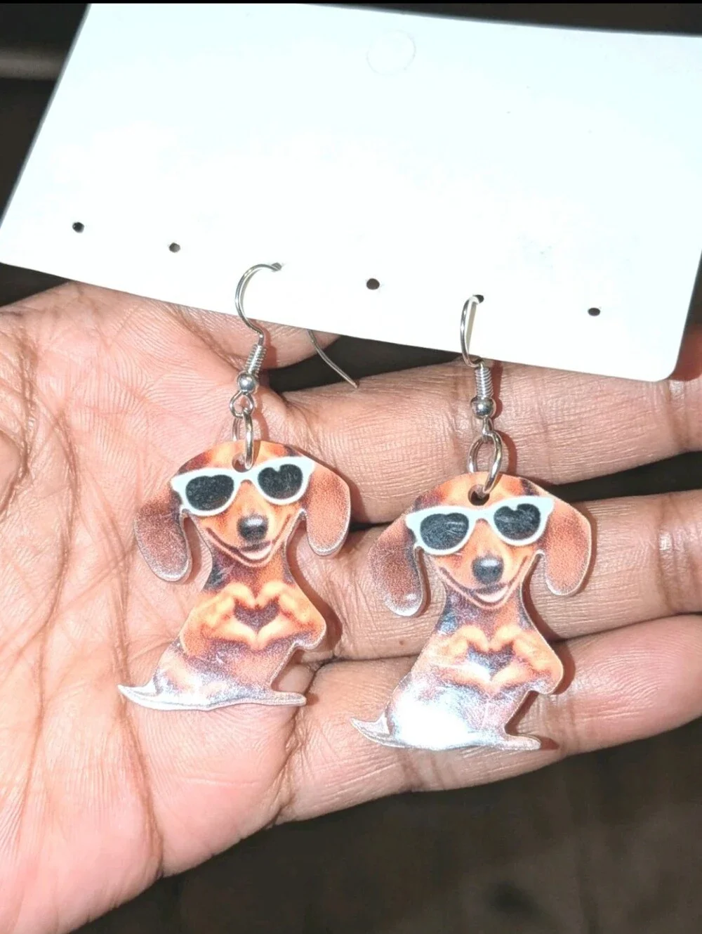 Hand Crafted Orange Dachshund Earrings with White Sunglasses